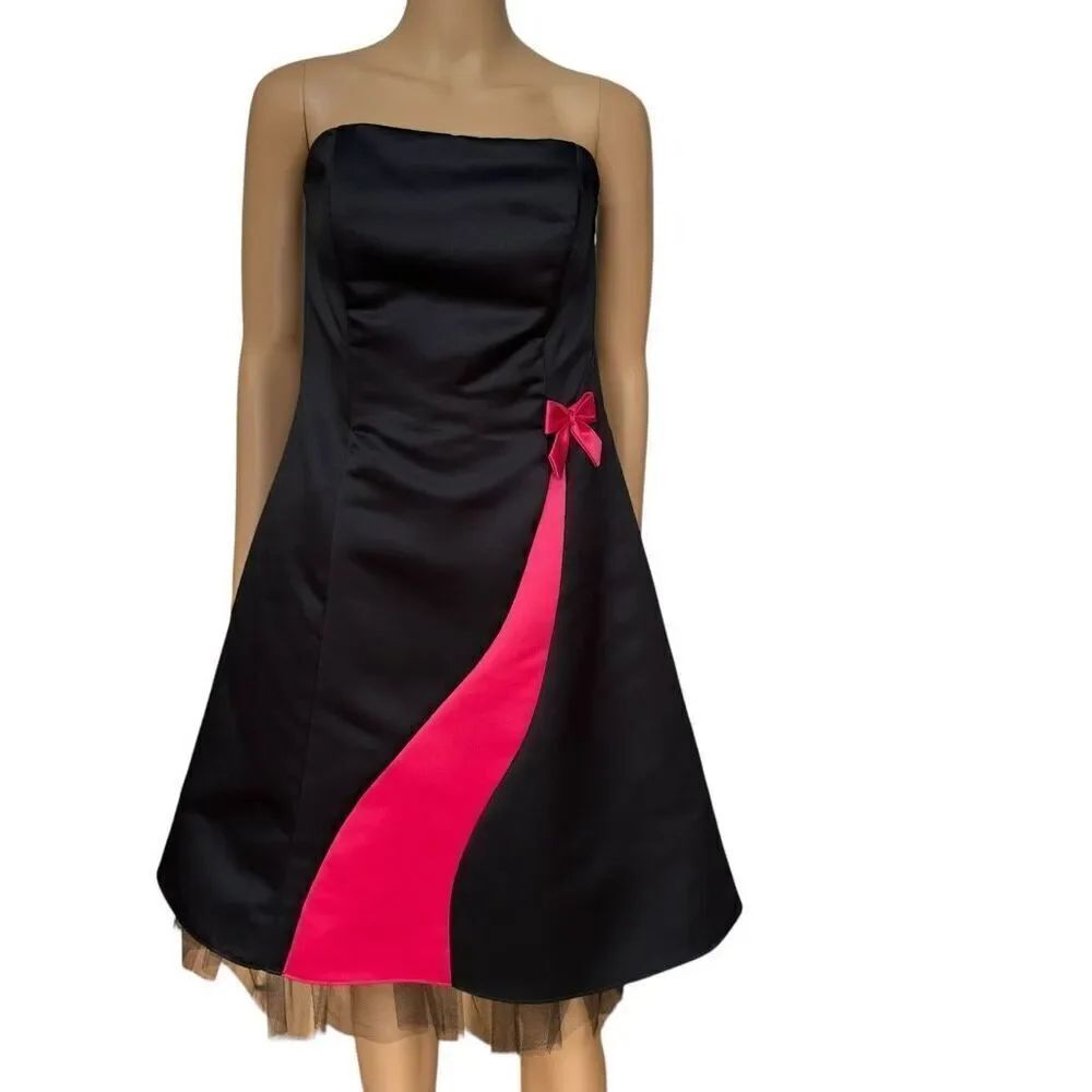 Jessica McClintock for Gunne Sax black and hot pink strapless formal dress 9/10